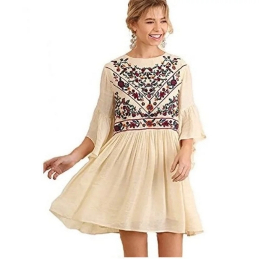Umgee Floral  Boho Embroidered Ruffle Bell Sleeve Mini Dress Small